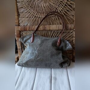 Sorial Gray Snakeskin Textured Shoulder Bag with Brown Handles